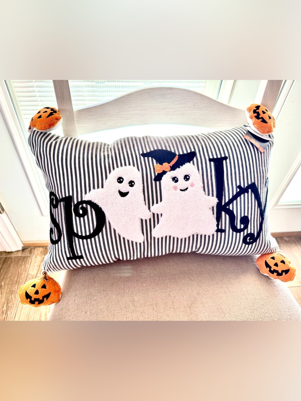 Halloween Spooky Ghosts Stripped Pillow Jack O’ Lantern Pumpkins NWT